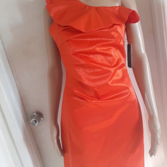 NWT lAUNDRY BY SHELLI SEGALHOT  ORANGE ONE SHOULDER RUFLE SHORT DRESS SIZE  US 6 - Picture 3 of 8